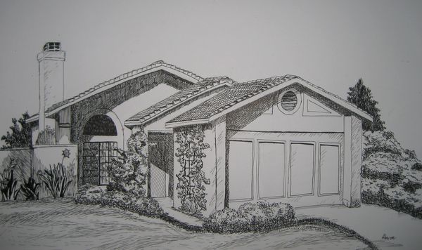 Art Studio PALETTE. Aaron Sham Picture.  Ink Landscape Houses 