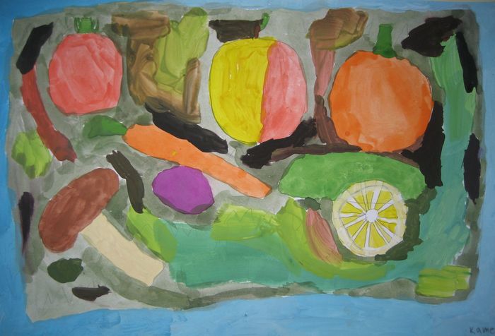 Art Studio PALETTE. Kamen Staykov Picture.  Tempera Still Life Fruits & Vegi 