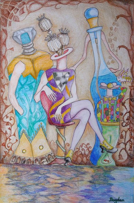 Art Studio PALETTE. Bogdan C. Picture.  Coloured Pencil Still Life Bottles Family Portrait 