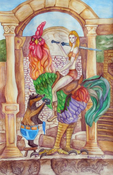 Art Studio PALETTE. Bogdan C. Picture.  Coloured Pencil Fantasy Imagenation The Rooster and his girl, Alya