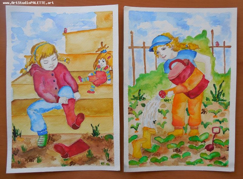 Art Studio PALETTE. Sandra Baiman Picture.  Watercolour People Family 