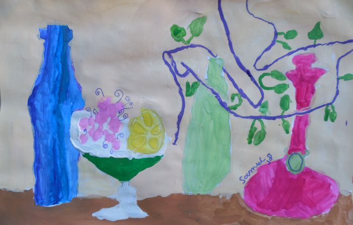 Art Studio PALETTE. Samuel Lukose Picture.  Tempera Still Life Bottles 