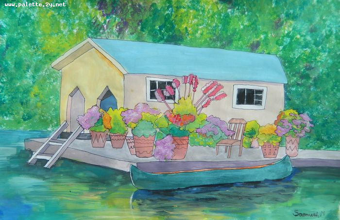 Art Studio PALETTE. Samuel Lukose Picture.  Tempera Landscape Houses 