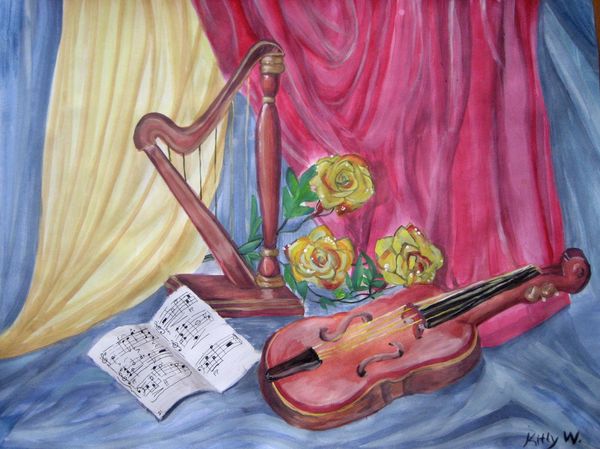Art Studio PALETTE. Katarina  Picture. Fine Art Paper Tempera Still Life Music 