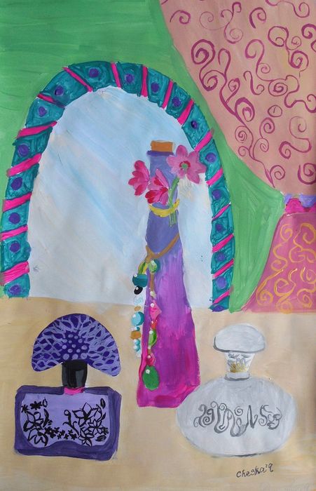 Art Studio PALETTE. Cheska O.Retita Picture.  Tempera Still Life Bottles 