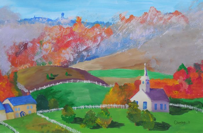 Art Studio PALETTE. Cheska O.Retita Picture.  Tempera Landscape Houses Simple Life in the Farm