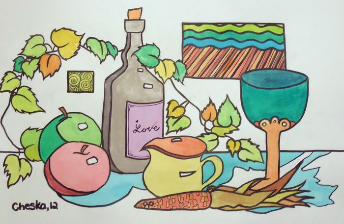 Art Studio PALETTE. Cheska O.Retita Picture.  Watercolour, Ink Still Life Contour Line Drawing 