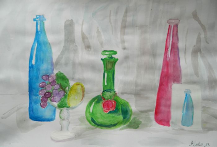 Art Studio PALETTE. Artem Miasnykov Picture.  Tempera Still Life Bottles 