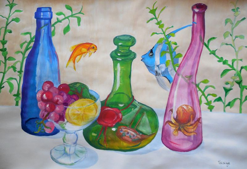 Art Studio PALETTE. Taisiya Rybakova Picture.  Tempera Still Life Bottles 