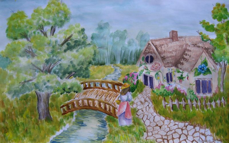 Art Studio PALETTE. Anastasiia Sergeyenko Picture.  Tempera Landscape Houses Сельский Мотив