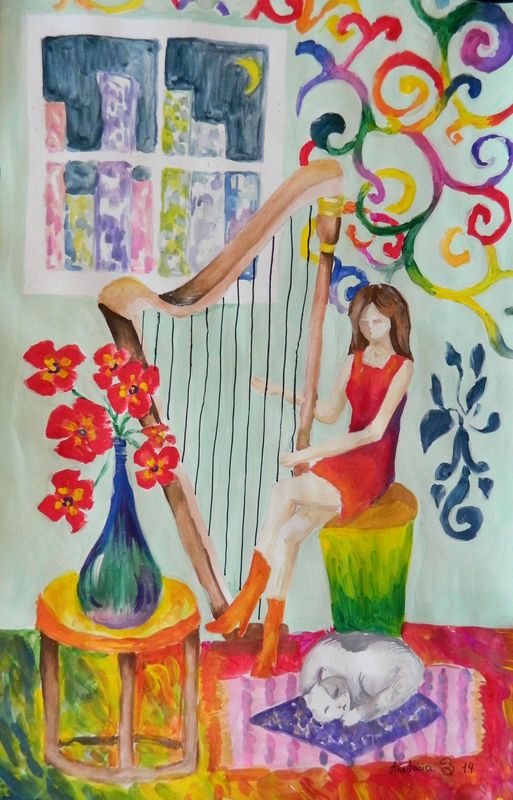 Art Studio PALETTE. Anastasiia Sergeyenko Picture.  Tempera Design Interior Звуки Арфы