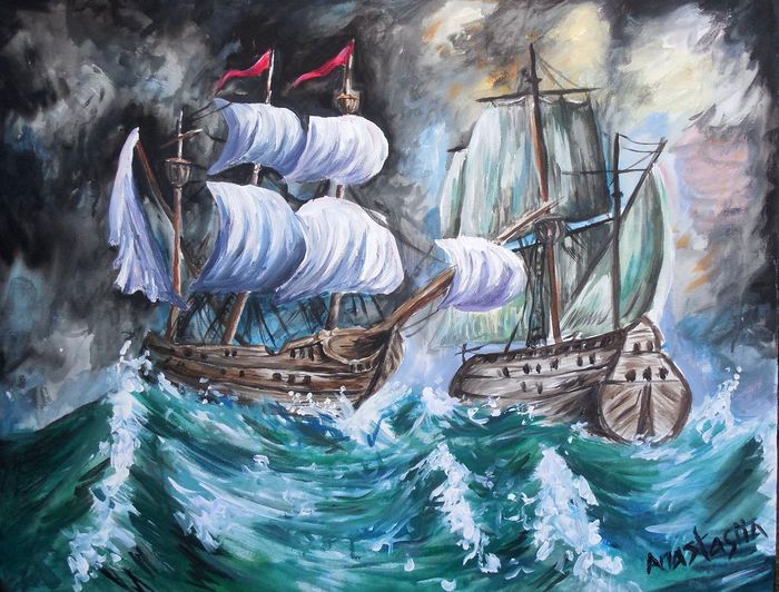 Art Studio PALETTE. Anastasiia Sergeyenko Picture.  Acrylic Landscape Ships 