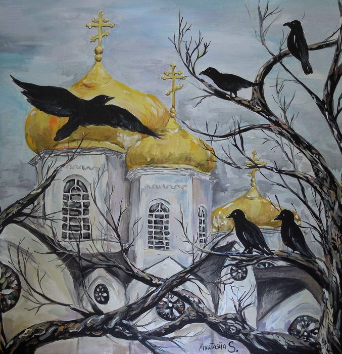 Art Studio PALETTE. Anastasiia Sergeyenko Picture.  Tempera Landscape Cityscape Противостояние