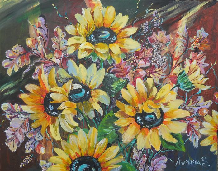 Art Studio PALETTE. Anastasiia Sergeyenko Picture.  Acrylic Plants Sunflowers 