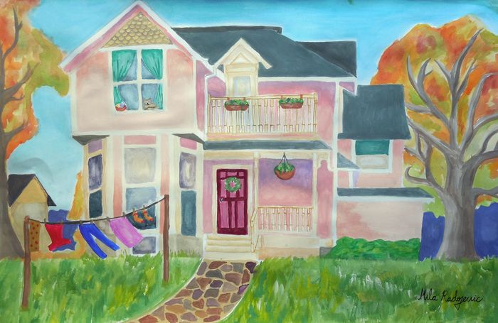 Art Studio PALETTE. Mila Radojevic Picture.  Tempera Landscape Houses 