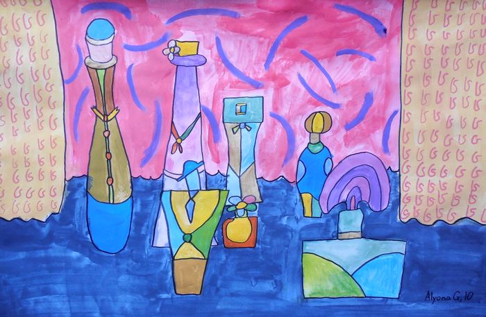 Art Studio PALETTE. Alyona Glazyrina Picture.  Marker, Tempera Still Life Bottles 