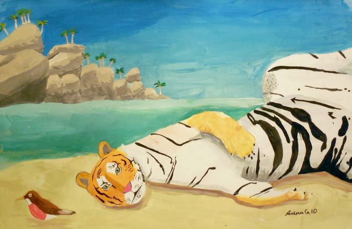 Art Studio PALETTE. Alyona Glazyrina Picture.  Tempera Animals Cats Отдых на Гаваях