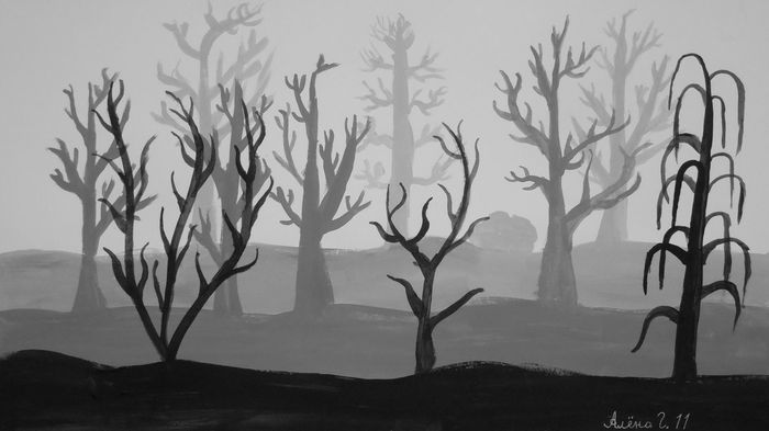 Art Studio PALETTE. Alyona Glazyrina Picture.  Tempera Landscape Trees 