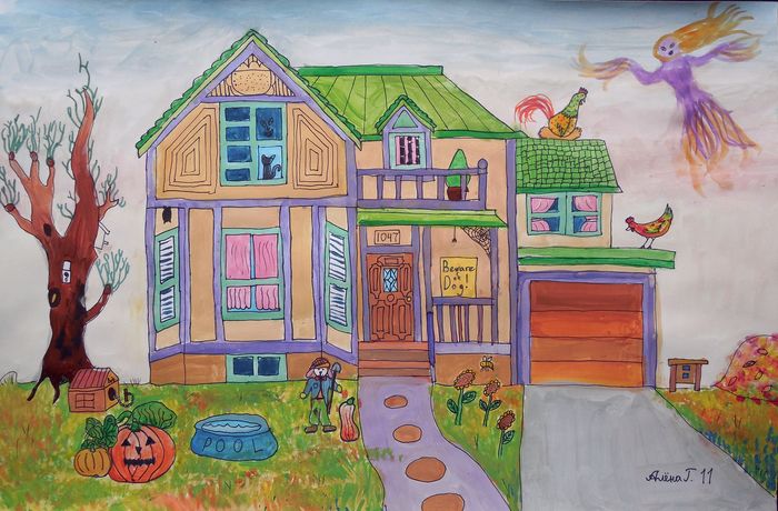 Art Studio PALETTE. Alyona Glazyrina Picture.  Marker, Tempera Landscape Houses 