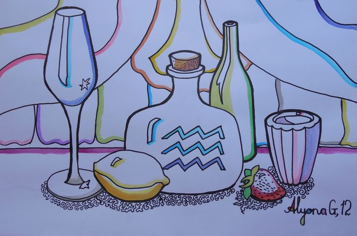 Art Studio PALETTE. Alyona Glazyrina Picture.  Watercolour, Ink Still Life Contour Line Drawing 