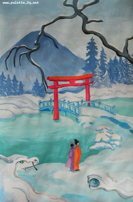 Art Studio PALETTE. Alyona Glazyrina Picture.  Tempera Landscape Winter 