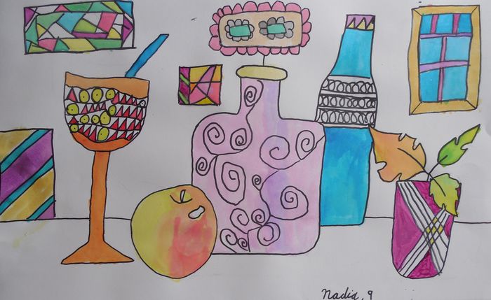 Art Studio PALETTE. Nadegda Nivinskaia Picture.  Watercolour, Ink Still Life Contour Line Drawing 