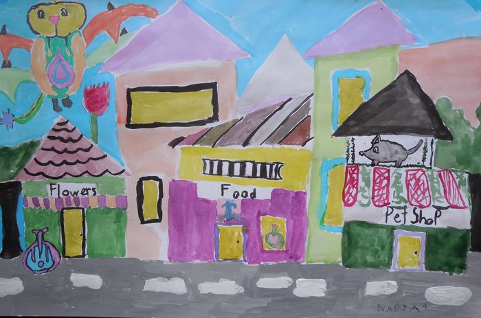 Art Studio PALETTE. Nadegda Nivinskaia Picture.  Marker, Tempera Landscape Houses 