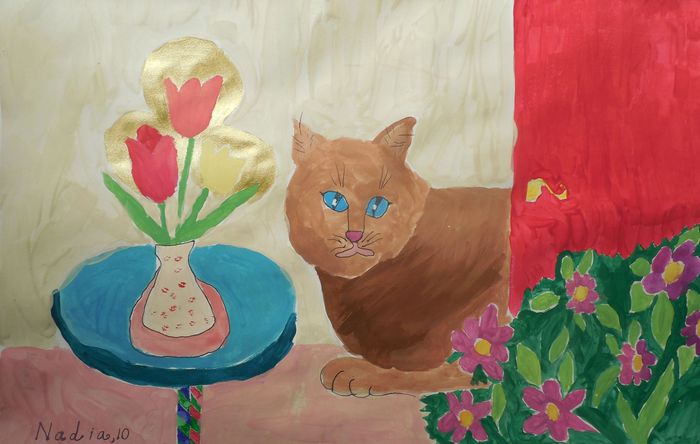 Art Studio PALETTE. Nadegda Nivinskaia Picture.  Tempera Animals Cats 