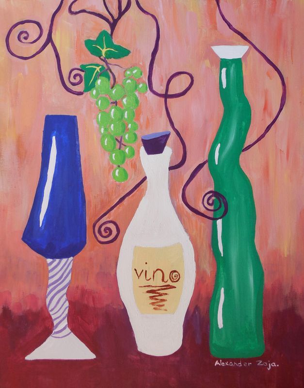 Art Studio PALETTE. Alexander Zajaczkowski Picture. Canvas Acrylic Still Life Bottles 
