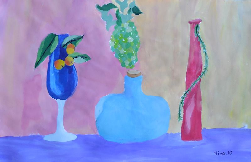 Art Studio PALETTE. Nina Lazarevic Picture.  Tempera Still Life Bottles 