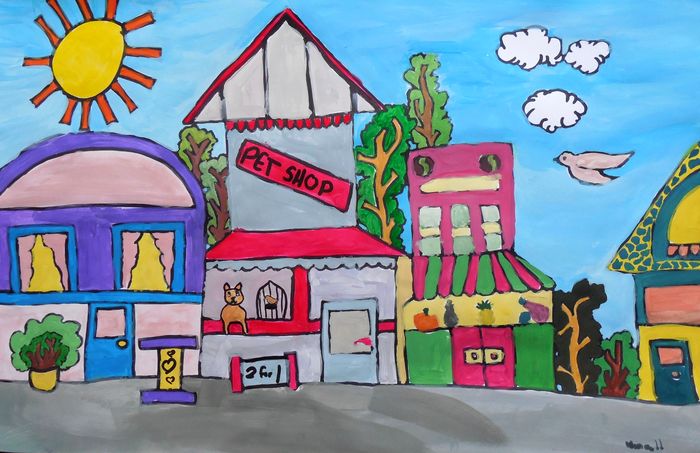 Art Studio PALETTE. Nina Lazarevic Picture.  Tempera Landscape Cityscape Цветная Улица Моя