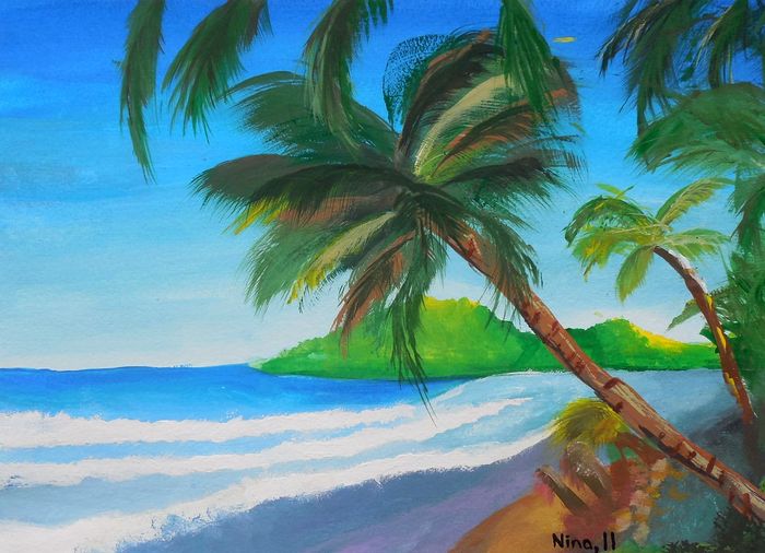 Art Studio PALETTE. Nina Lazarevic Picture.  Tempera Landscape Seascape 