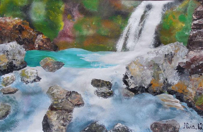 Art Studio PALETTE. Nina Lazarevic Picture.  Tempera Landscape Nature Бурная Река