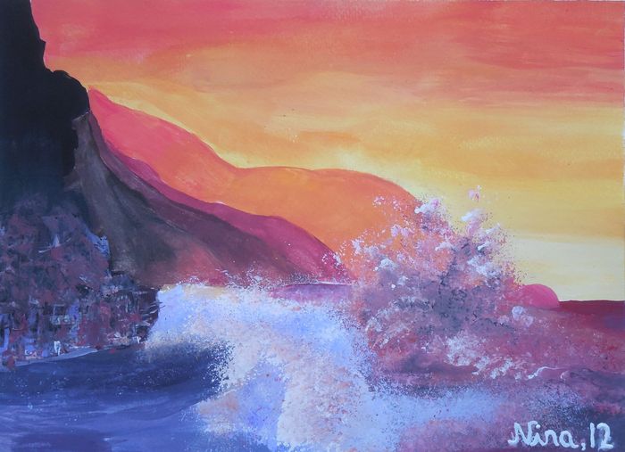 Art Studio PALETTE. Nina Lazarevic Picture.  Tempera Landscape Seascape 