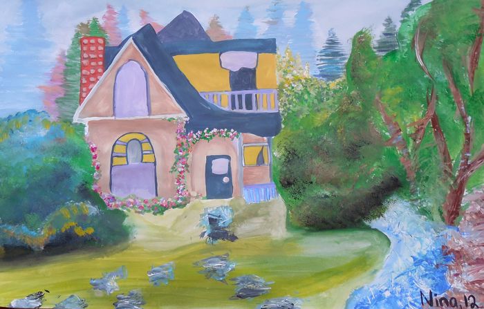 Art Studio PALETTE. Nina Lazarevic Picture.  Tempera Landscape Houses 