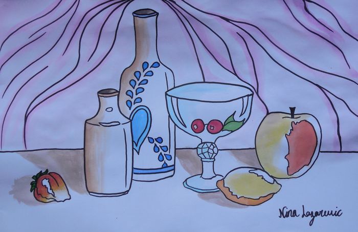 Art Studio PALETTE. Nina Lazarevic Picture.  Watercolour, Ink Still Life Contour Line Drawing 
