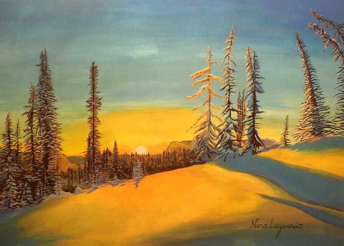 Art Studio PALETTE. Nina Lazarevic Picture.  Tempera Landscape Winter 