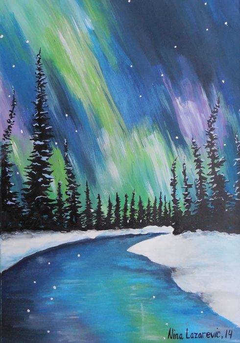 Art Studio PALETTE. Nina Lazarevic Picture.  Tempera Landscape Winter 