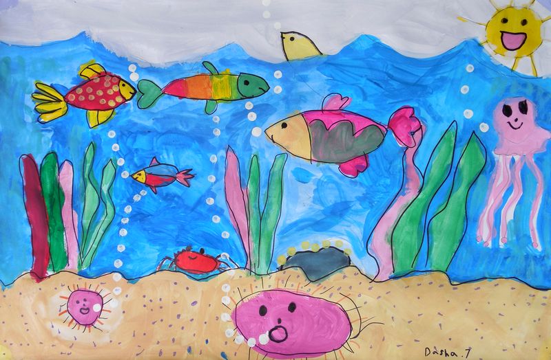 Art Studio PALETTE. Dasha Barin Picture.  Marker, Tempera Animals Fish 