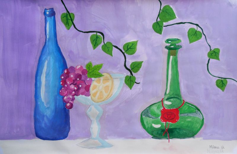 Art Studio PALETTE. Milena Markovich Picture.  Tempera Still Life Bottles 
