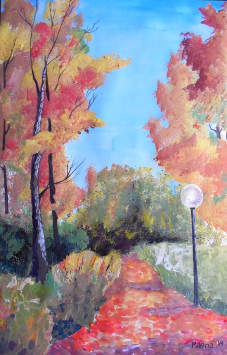 Art Studio PALETTE. Milena Markovich Picture.  Tempera Landscape Fall Золотая Осень