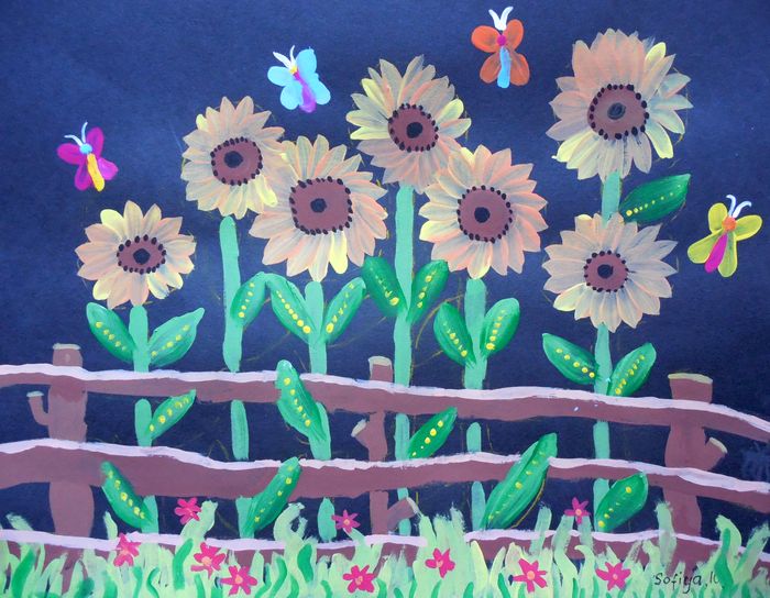 Art Studio PALETTE. Sofiya Spolitak Picture.  Tempera Plants Sunflowers 