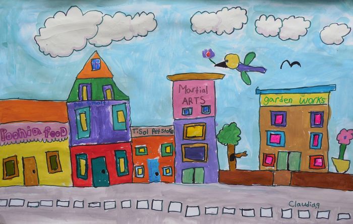 Art Studio PALETTE. Claudia Kochergin Picture.  Marker, Tempera Landscape Houses 