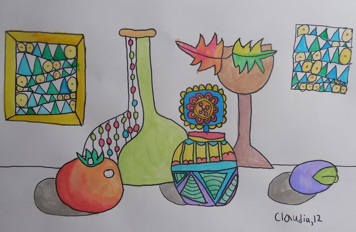 Art Studio PALETTE. Claudia Kochergin Picture.  Watercolour, Ink Still Life Contour Line Drawing 