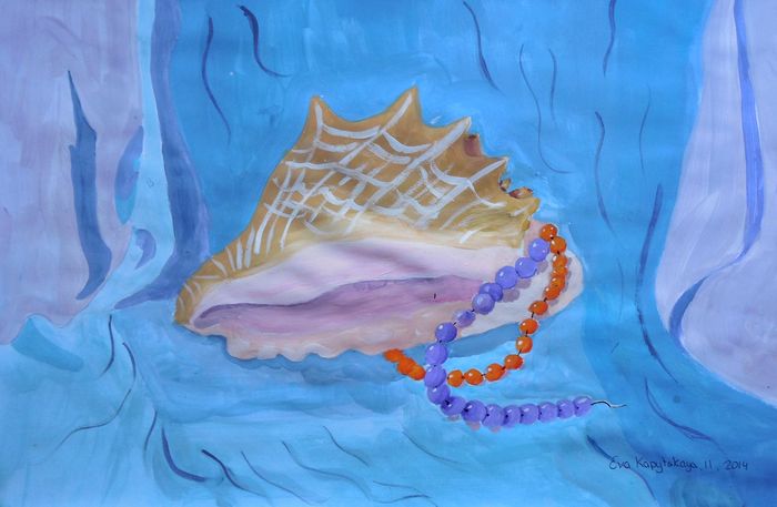 Art Studio PALETTE. Eva Kapytskaya Picture.  Tempera Still Life Shells 