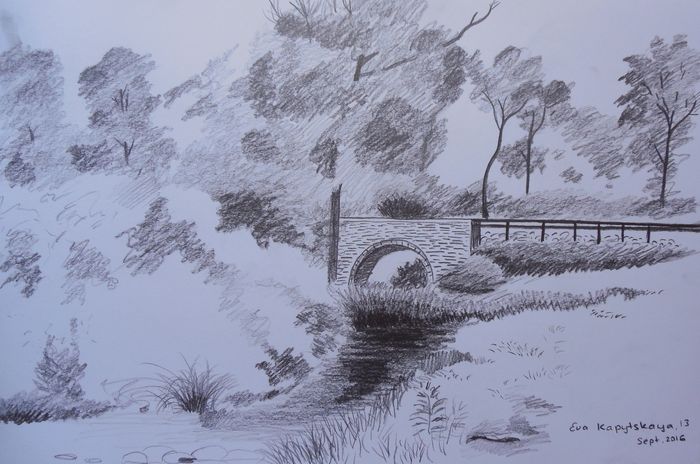 Art Studio PALETTE. Eva Kapytskaya Picture.  Pencil Landscape Nature 
