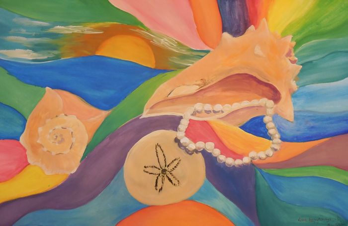 Art Studio PALETTE. Eva Kapytskaya Picture.  Tempera Still Life Shells 