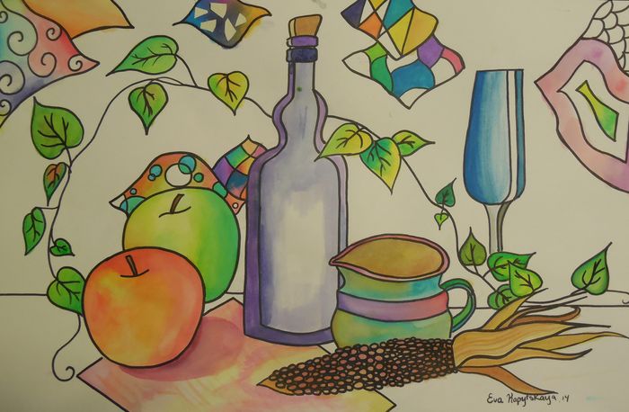 Art Studio PALETTE. Eva Kapytskaya Picture.  Watercolour, Ink Still Life Contour Line Drawing 