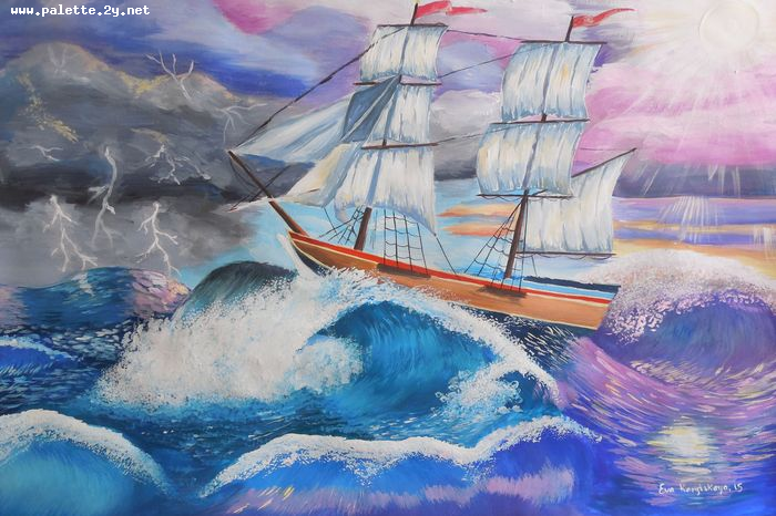 Art Studio PALETTE. Eva Kapytskaya Picture.  Tempera Landscape Ships 