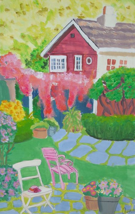 Art Studio PALETTE. Olivia Davidson Picture.  Tempera Landscape Houses 